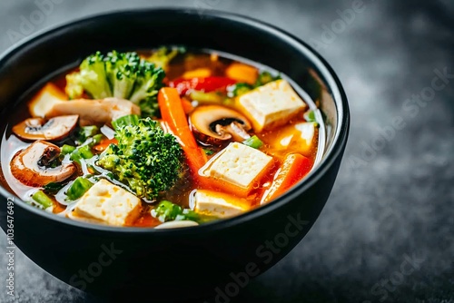 A vibrant bowl of vegetable soup with tofu, featuring broccoli, red pepper, mushrooms, and fresh herbs in a flavorful broth. photo