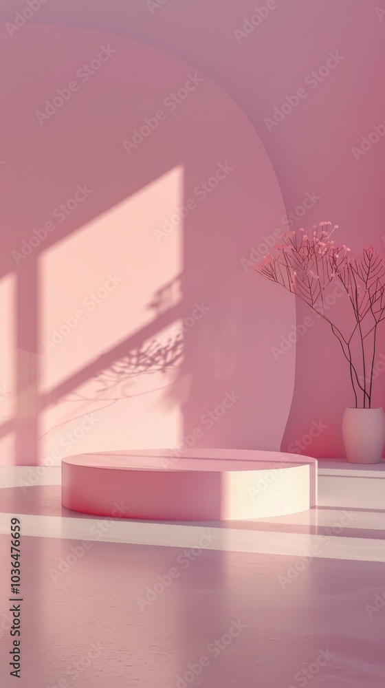 Minimalist Pink Product Display with a Circular Podium and a Delicate Plant Minimalist Pink Product Display with a Circular Podium and a Delicate Plant