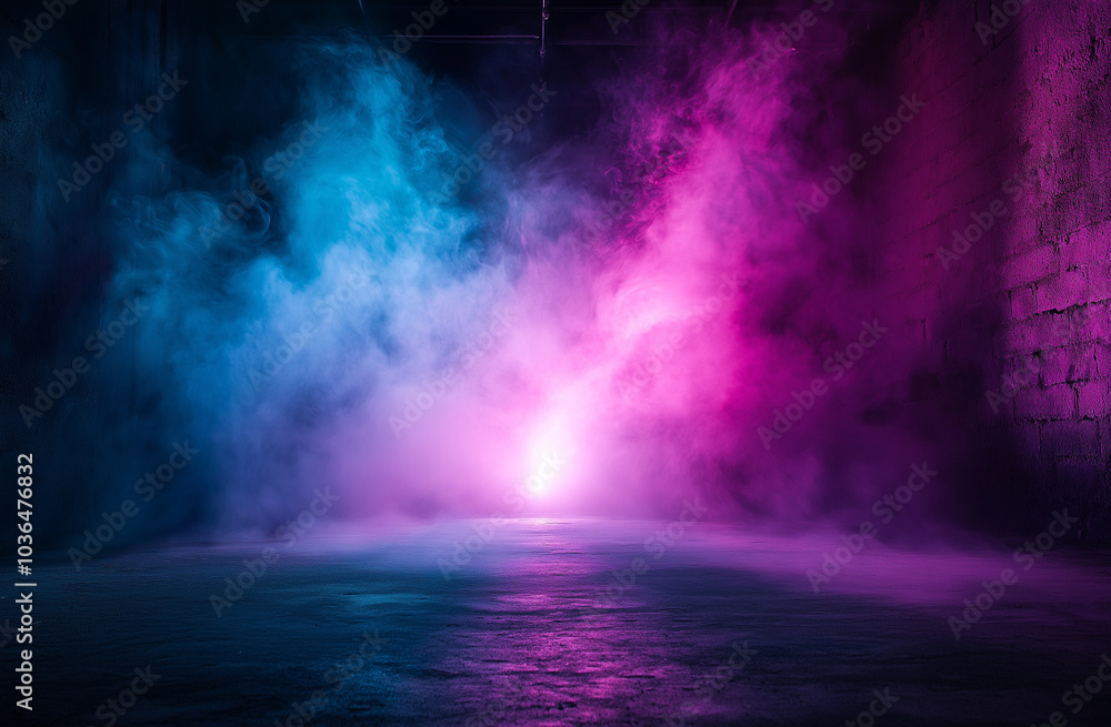 Hyper-Realistic Dark Room with Fog, Neon Lights, Empty Stage, and Concrete Background for a Mysterious Vibe Hyper-Realistic Dark Room with Fog, Neon Lights, Empty Stage, and Concrete Background for a Mysterious Vibe