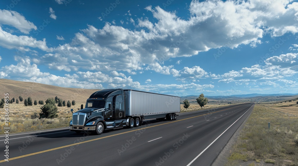 arge American-style semi-truck drives down a busy freeway under a clear blue sky arge American-style semi-truck drives down a busy freeway under a clear blue sky