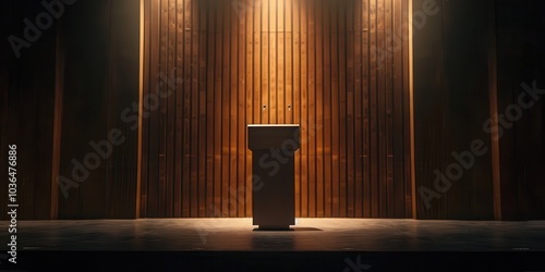 Podium Stage With Wooden Wall and Spotlights for Speech and Presentation