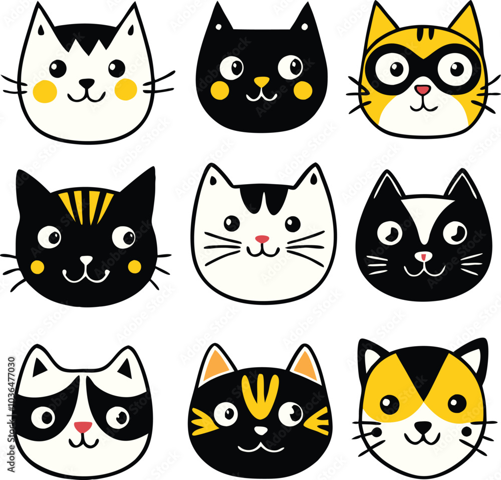 Cute Cartoon Cats Faces with Different Patterns Cute Cartoon Cats Faces with Different Patterns