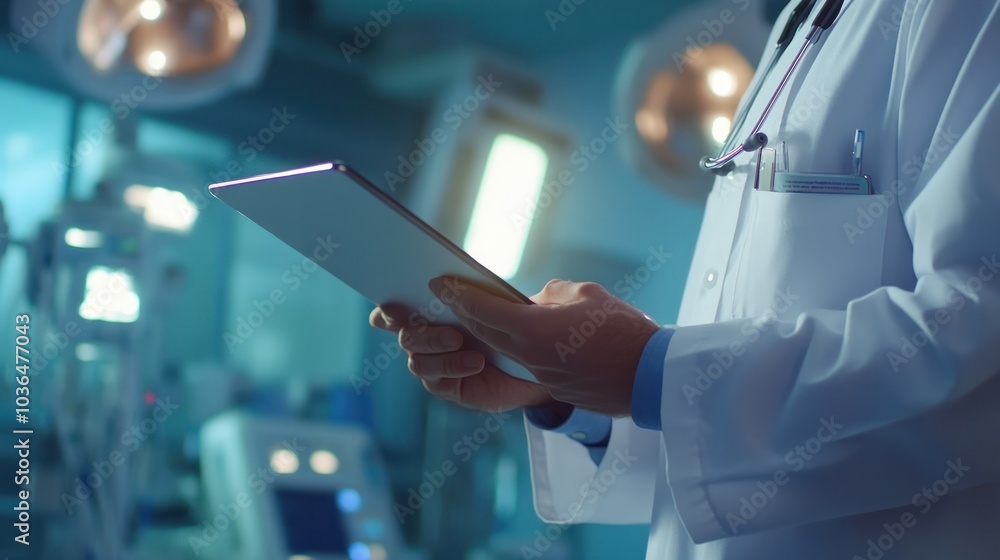 physician examining patient records on a digital tablet in a hospital setting. physician examining patient records on a digital tablet in a hospital setting.