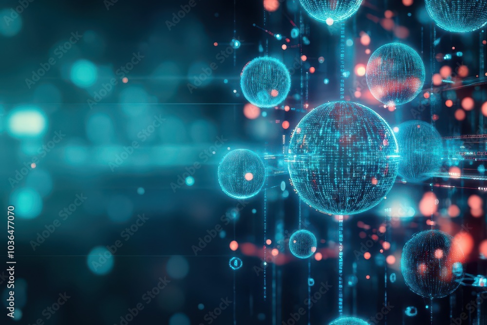 Obraz premium Floating abstract orbs emitting streams of data in an infinite loop