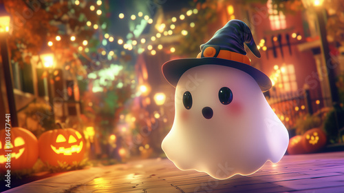 As the full moon casts an eerie glow over the neighborhood, a ghost drifts silently through the crisp autumn air, its translucent form billowing like mist.  
