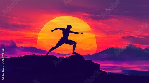 stunningly beautiful silhouette of an athlete striking a dynamic pose, set against a vibrant sunset sky.