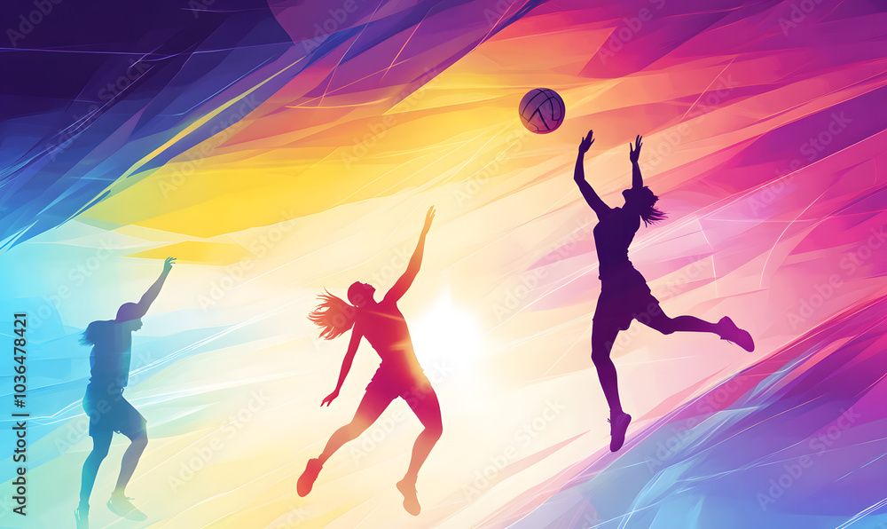 Dynamic Volleyball Action with Neon Lights and Abstract Geometric Patterns for Futuristic Sports Branding Dynamic Volleyball Action with Neon Lights and Abstract Geometric Patterns for Futuristic Sports Branding
