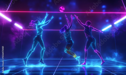 Dynamic Volleyball Action with Neon Lights and Abstract Geometric Patterns for Futuristic Sports Branding