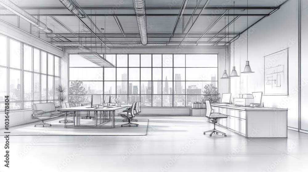 A modern office with line drawings. A modern office with line drawings.