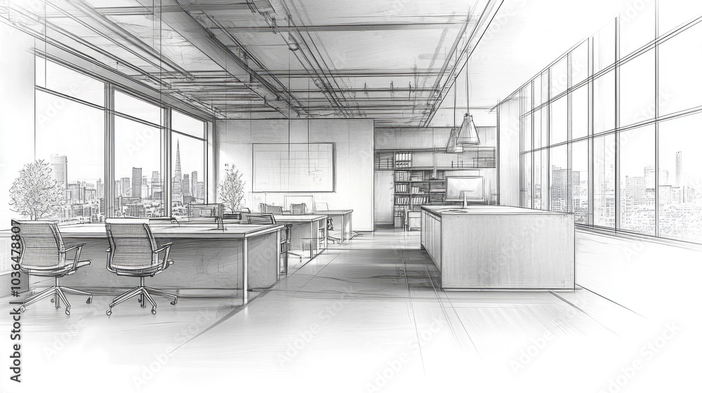 A modern office with line drawings. A modern office with line drawings.
