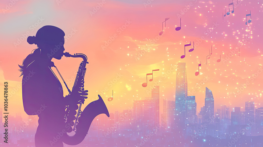The person playing saxophone in the city, silhouette photo The person playing saxophone in the city, silhouette photo