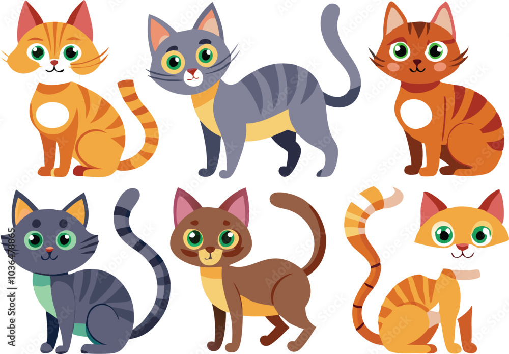 Fototapeta premium Six Adorable Cartoon Cats with Stripes and Tails