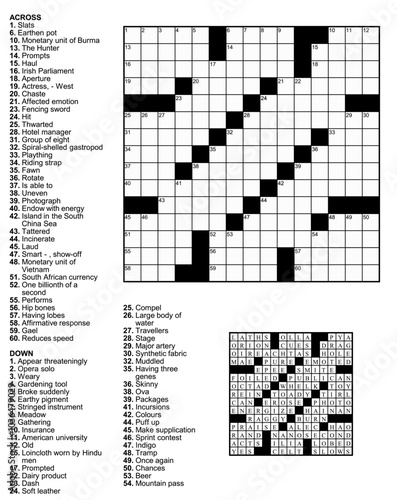 Crossword puzzle game with 15 x 15 squares with clues and solution.