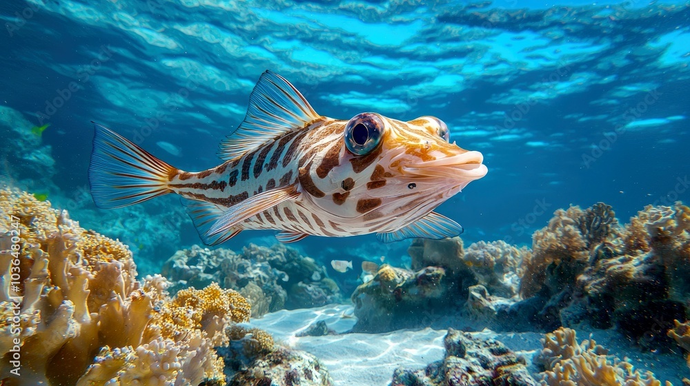 A brightly colored fish with large, round eyes swims over coral reefs in a clear blue ocean. A brightly colored fish with large, round eyes swims over coral reefs in a clear blue ocean.