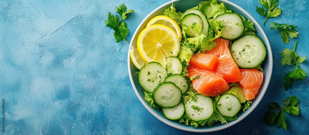 Fresh salad with salmon, cucumber, lemon, and lettuce in a bowl on a blue background. Fresh salad with salmon, cucumber, lemon, and lettuce in a bowl on a blue background.
