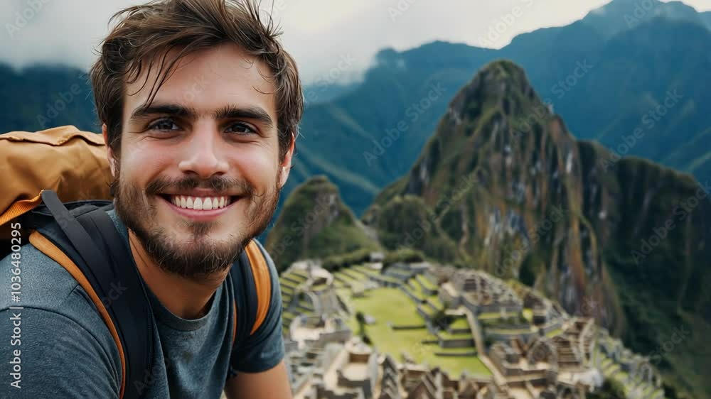 tourist backpacker man smiling at top of hill with ancient ruin located among mountains as background tourist backpacker man smiling at top of hill with ancient ruin located among mountains as background