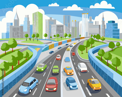 Cityscape  with road and car illustration 