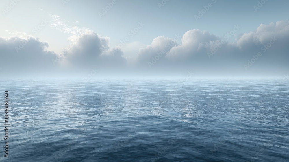 Calm ocean waters reflect clouds during early morning light with a peaceful atmosphere on the horizon Calm ocean waters reflect clouds during early morning light with a peaceful atmosphere on the horizon