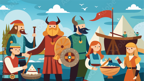 Men and women dressed as Vikings demonstrating trades and skills like weaving jewelry making and boat building at a Nordic festival reenactment.. Vector illustration