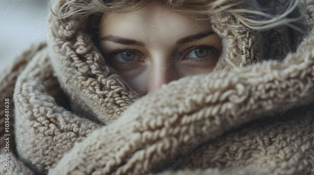 Close-up Portrait of a Woman with Blue Eyes Looking Through a Knitted Blanket in Cold Weather. Close-up Portrait of a Woman with Blue Eyes Looking Through a Knitted Blanket in Cold Weather.