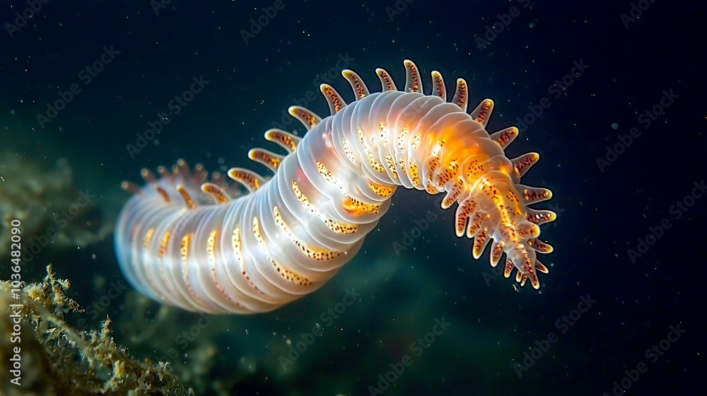 A close-up of a bioluminescent segmented worm, or polychaete, swimming in the dark ocean water. A close-up of a bioluminescent segmented worm, or polychaete, swimming in the dark ocean water.