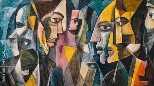 Abstract cubist portrait with overlapping faces and geometric shapes. Multicolor illustration in cubism style. Art concept for design and print.