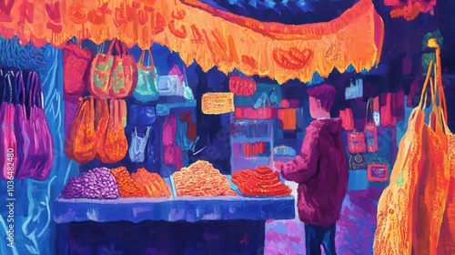 Fauvist market stall scene with bold colors and expressive brushstrokes. Cool blues and purples contrasting with warm oranges and reds. Market energy and commerce concept for design and print.