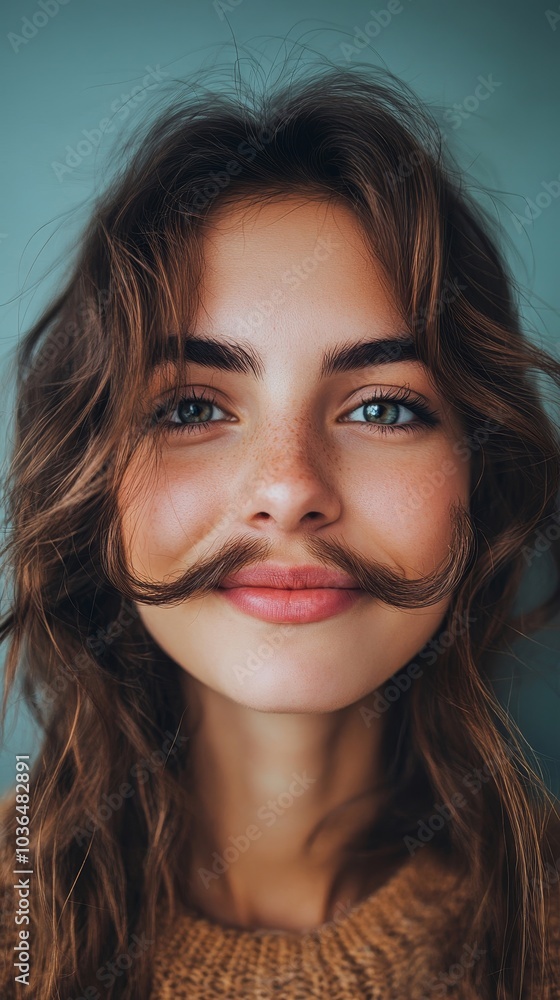 Playful woman making a moustache with her hair, Generative AI Playful woman making a moustache with her hair, Generative AI