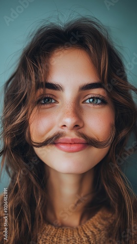 Playful woman making a moustache with her hair, Generative AI