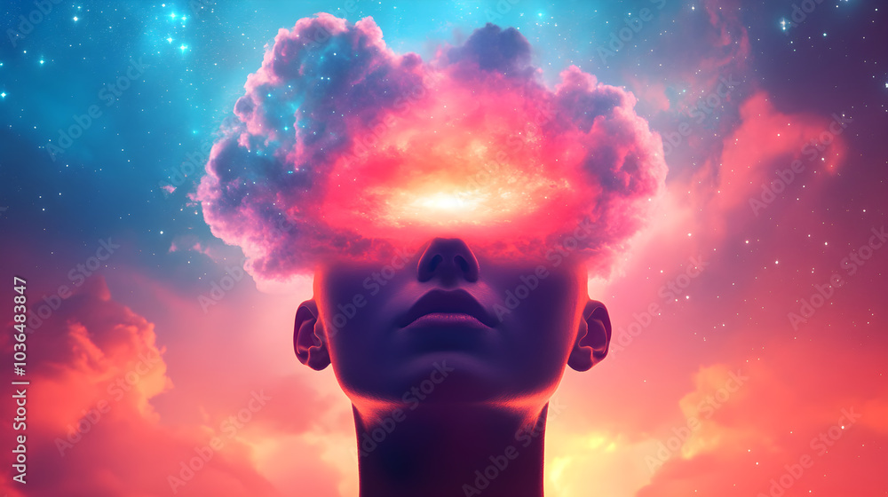 A woman's face is shown in a colorful, surreal space with clouds and stars A woman's face is shown in a colorful, surreal space with clouds and stars