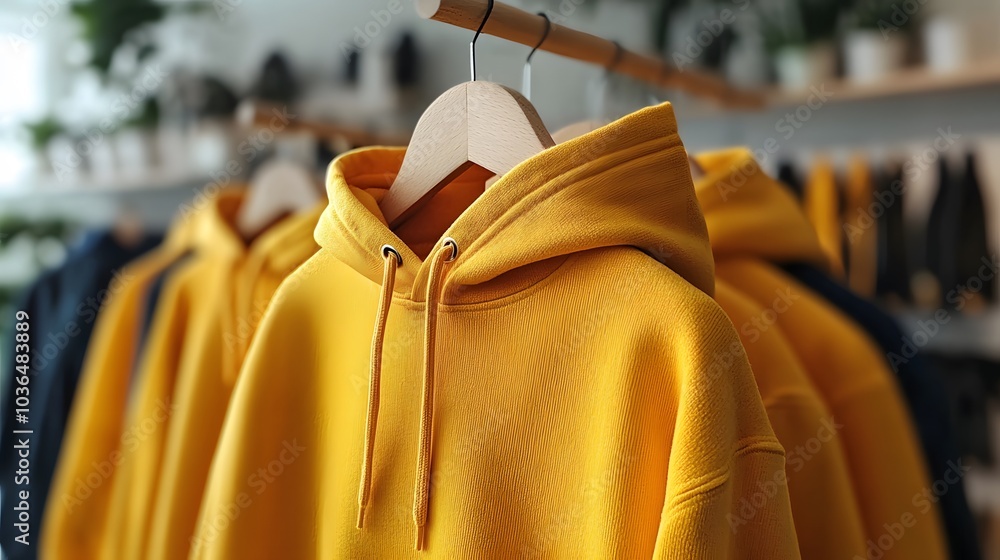 Hoodie and sweatpants mockup hanging on a wooden hanger against a clean white wall Hoodie and sweatpants mockup hanging on a wooden hanger against a clean white wall