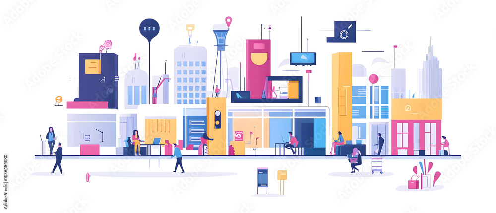 A cityscape with people walking and working in various buildings A cityscape with people walking and working in various buildings