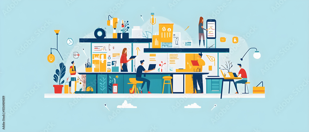 A group of people are working in a busy office with a lot of plants A group of people are working in a busy office with a lot of plants