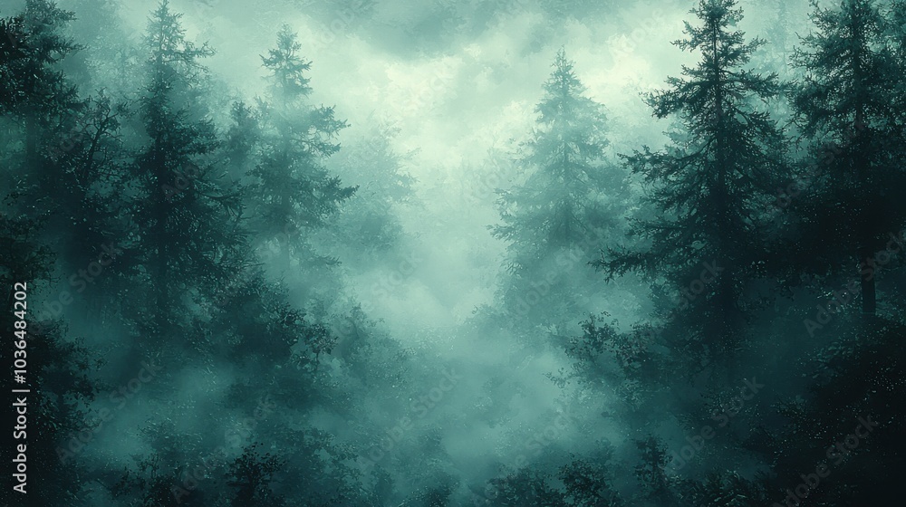 Misty forest landscape at dawn showcasing dense evergreens shrouded in fog, creating an ethereal and tranquil atmosphere Misty forest landscape at dawn showcasing dense evergreens shrouded in fog, creating an ethereal and tranquil atmosphere