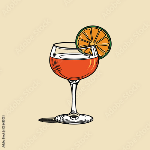Aperol Spritz Cocktail Illustration with Orange Slice Vintage Drink Design