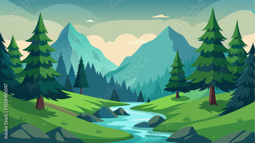 Towering evergreens encircle a peaceful glade where a small stream trickles through the rocky terrain.