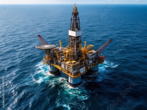 A large oil rig is floating in the ocean