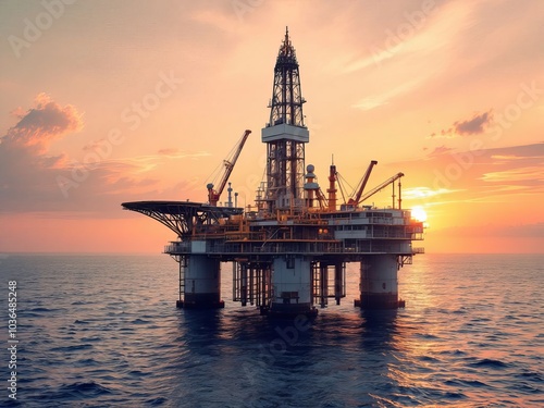 A large oil rig is floating in the ocean with the sun setting in the background