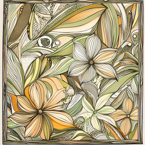 Geometric and Organic Doodle Tile and Carpet Designs with White Borders | Hand-drawn, Abstract, Floral, and Symmetrical Patterns in Soft Pastel and Earth Tones