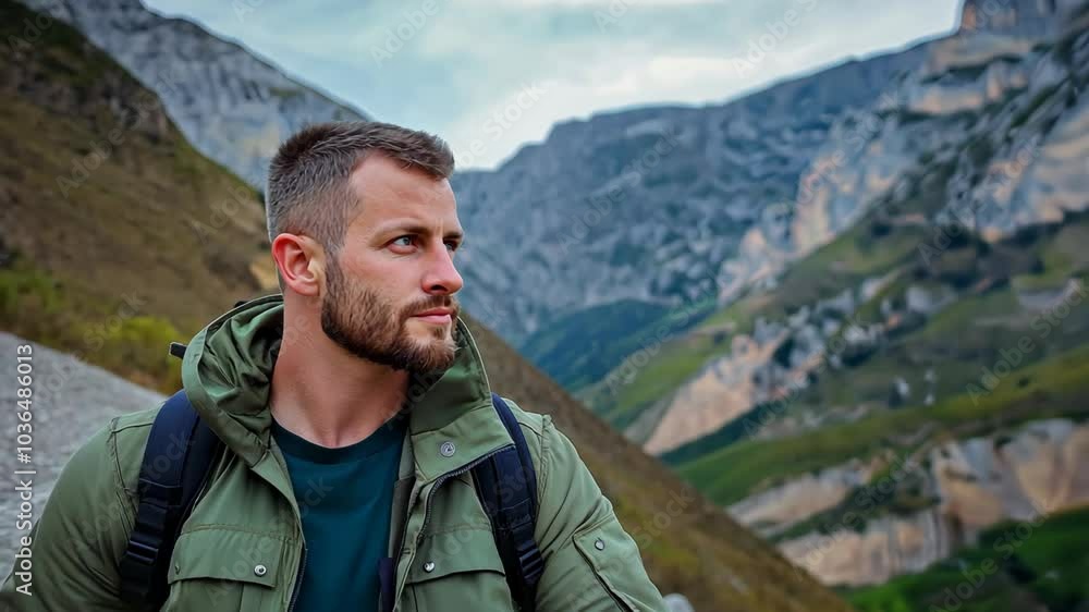 adventurer man with backpack looking around majestic view at top of the mountain adventurer man with backpack looking around majestic view at top of the mountain