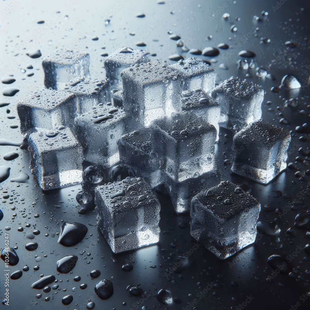 Scattered ice cubes on a dark glossy background in droplets of water. 3d Illustration
Scattered ice cubes on a dark glossy background in droplets of water. 3d Illustration