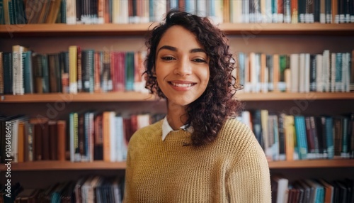 Happy woman and portrait in the library with bookshelf. Generated image