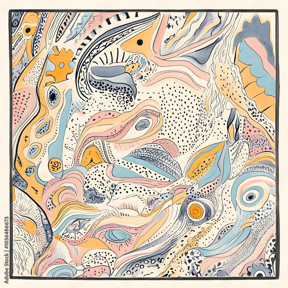 Naklejka premium Geometric and Organic Doodle Tile and Carpet Designs with White Borders | Hand-drawn, Abstract, Floral, and Symmetrical Patterns in Soft Pastel and Earth Tones