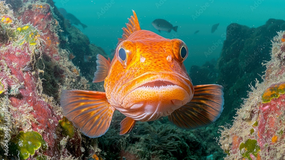 Fototapeta premium A close-up shot of a red rockfish swimming in the ocean.