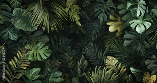 closeup nature view of green leaf and palms background. Flat lay, dark nature concept, tropical leaf 