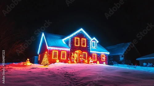 Festive house illuminated with vibrant, colorful Christmas lights during the night, creating a warm and cheerful holiday atmosphere.