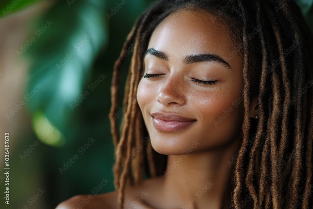 Beautiful woman with dreadlocks smiling with her eyes closed, Generative AI Beautiful woman with dreadlocks smiling with her eyes closed, Generative AI
