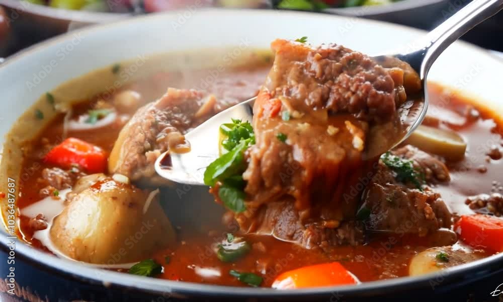 Hearty beef stew with potatoes and vegetables in a rustic bowl. Hearty beef stew with potatoes and vegetables in a rustic bowl.