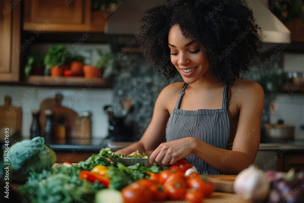 Young woman cutting vegetables in kitchen at home, Generative AI Young woman cutting vegetables in kitchen at home, Generative AI