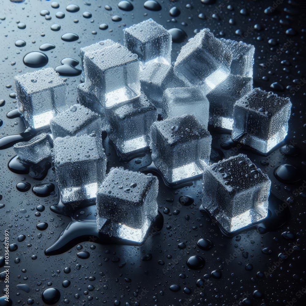 Scattered ice cubes on a dark glossy background in droplets of water. 3d Illustration
Scattered ice cubes on a dark glossy background in droplets of water. 3d Illustration